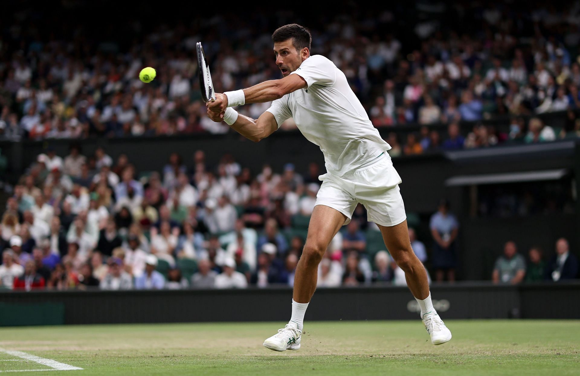 Novak Djokovic in action against Tim van Rijthoven at Wimbledon